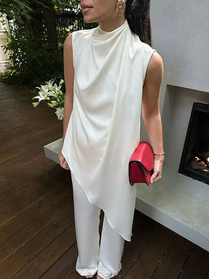Elegant White Satin Vest Pants Suit Women Chic Sleeveless Irregular Hem Top Wide Leg Pants Set Fashion Female High Street Wear