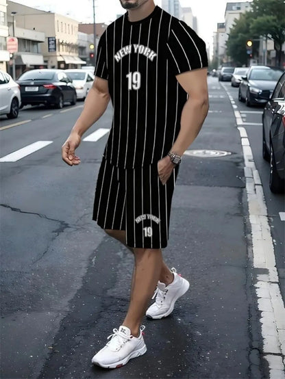 New summer men's comfortable and breathable digital printed round neck T-shirt shorts set suitable for outdoor leisure sports