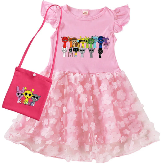 Popular Game Sprunki Dress for Kids, Lace Casual Dresses for Baby Girls, Super Clothes for Children, Wedding Party, Summer