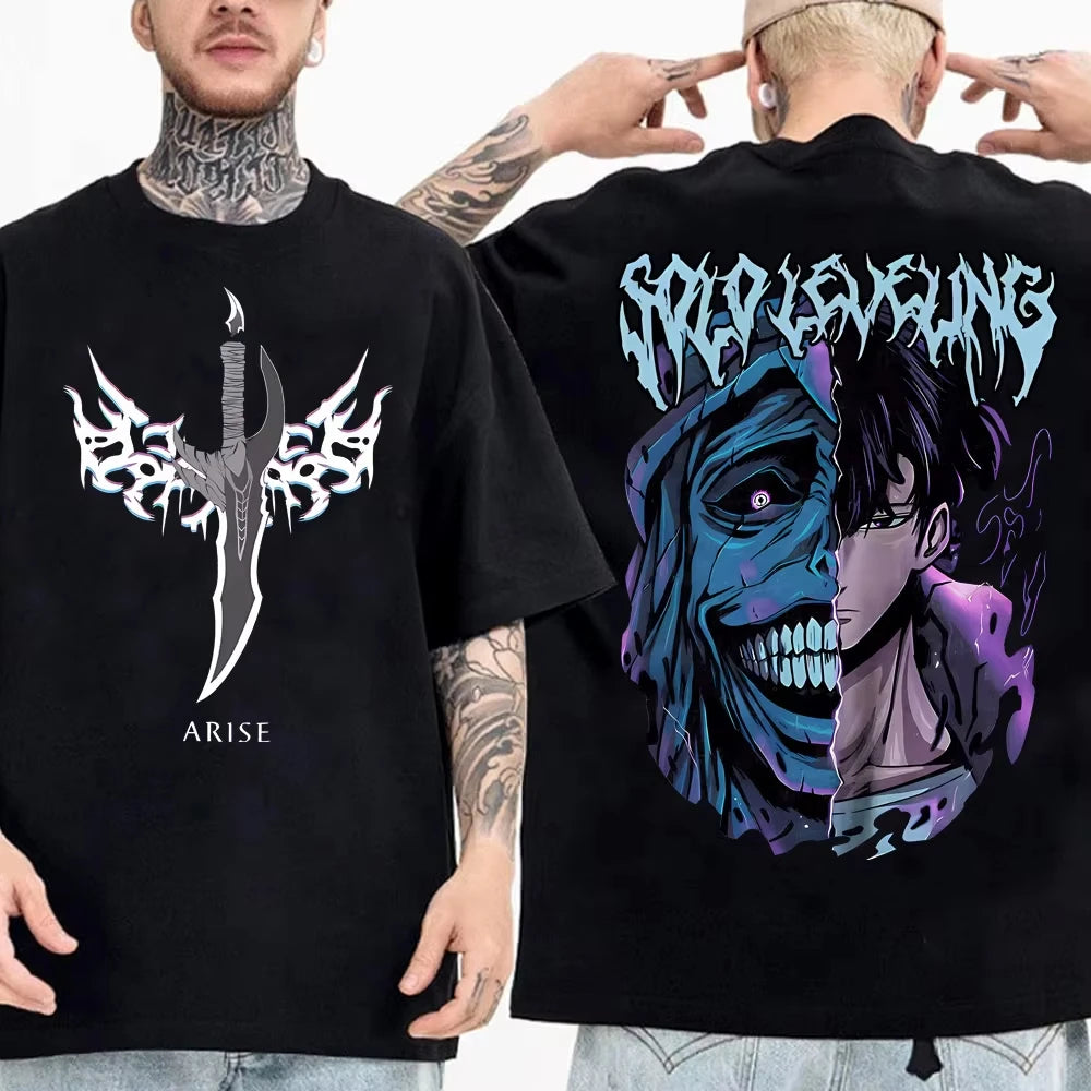 Japanese Anime Solo Leveling Kid T Shirt Sung Jinwoo Cartoon Tees Harajuku Women Short Sleeve High Quality Men Cotton Tshirt