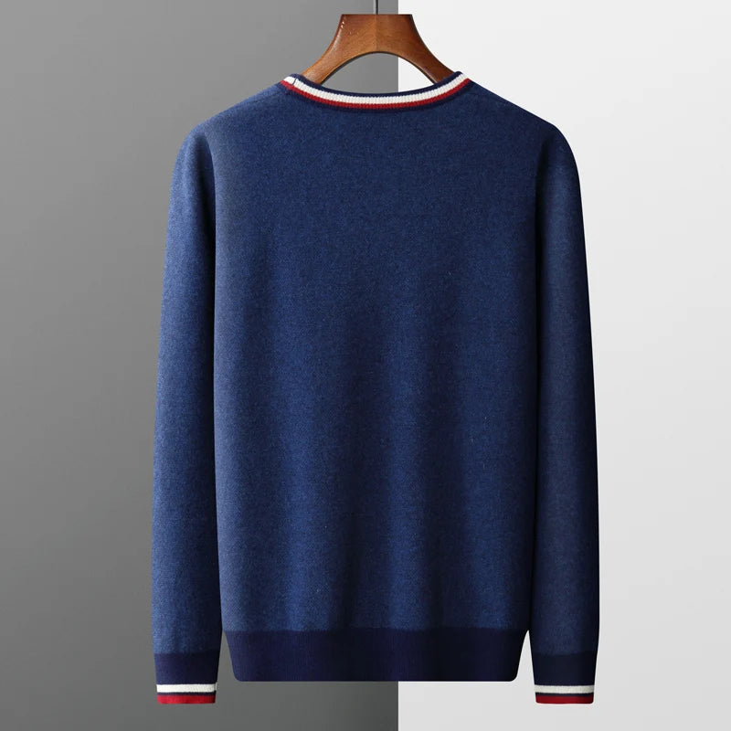Autumn And Winter New Men's Cashmere Sweater V-Neck Color Contrast Long-Sleeved Cardigan Loose Large Coat 100 Pure Wool Knitting