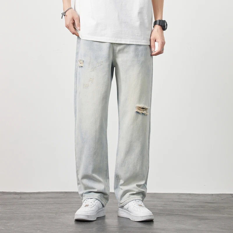 Korea Baggy torn holey ripped Jeans Men Vintage  Y2k Pants Fashion Frayed High Street Distressed Denim Trousers loose thin Male