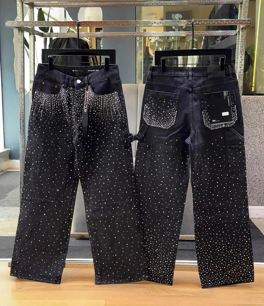 Vintage Full Diamond Sequined Shiny Jeans Y2K Clothes Mens Womens Harajuku Hip Hop Retro Baggy Jeans Low Waist Wide Leg Trousers