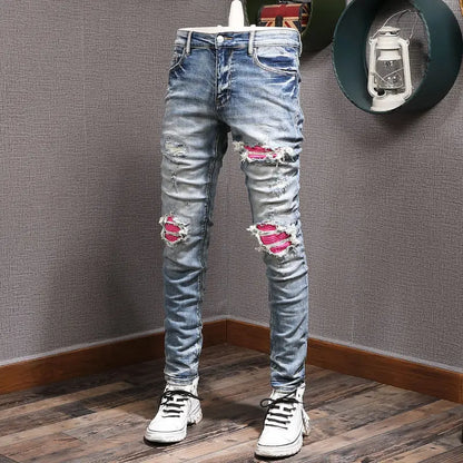Men's Clothing Autumn and Winter Slim-fit Jeans Ripped Leggings Trendy Brand Cotton Handsome Trousers