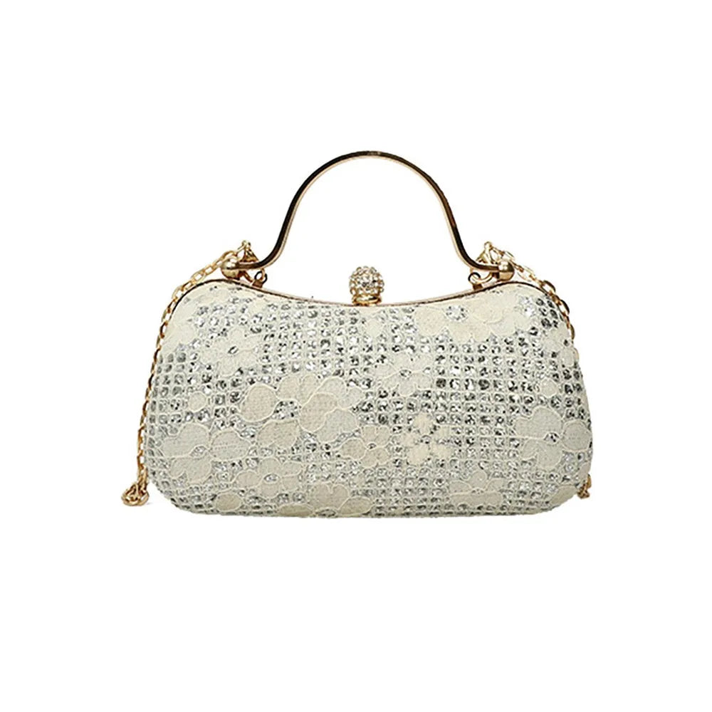 Elegant Luxury Evening Banquet Bag Shiny Flower Ladies Clutch Bag Rhinestone Metal Top Handle Chain Crossbody Bag Party