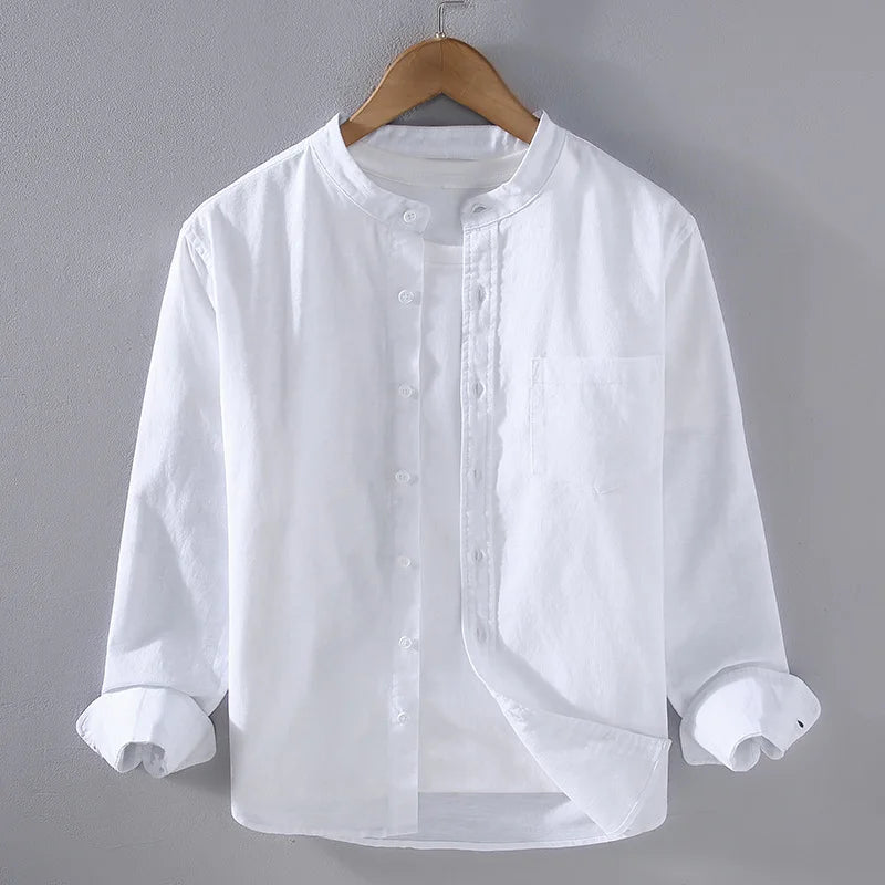Japanese Mens Linen Cotton Thin Shirt Harajuku Stand Collar Long Sleeve Solid Color Shirts Male Casual Breathable Classical Tops
