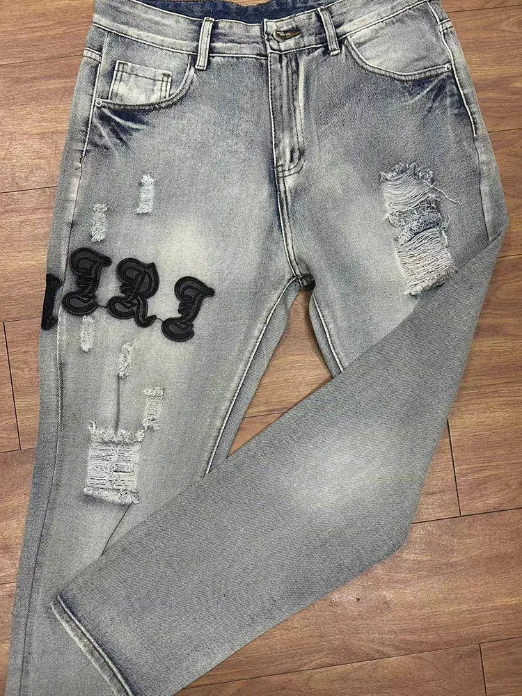 Mens Fashion Embroidery Casual Straight Hole Buckle Zipper Denim Long Pants Trousers Fashion Street Style Ripped Skinny Jeans