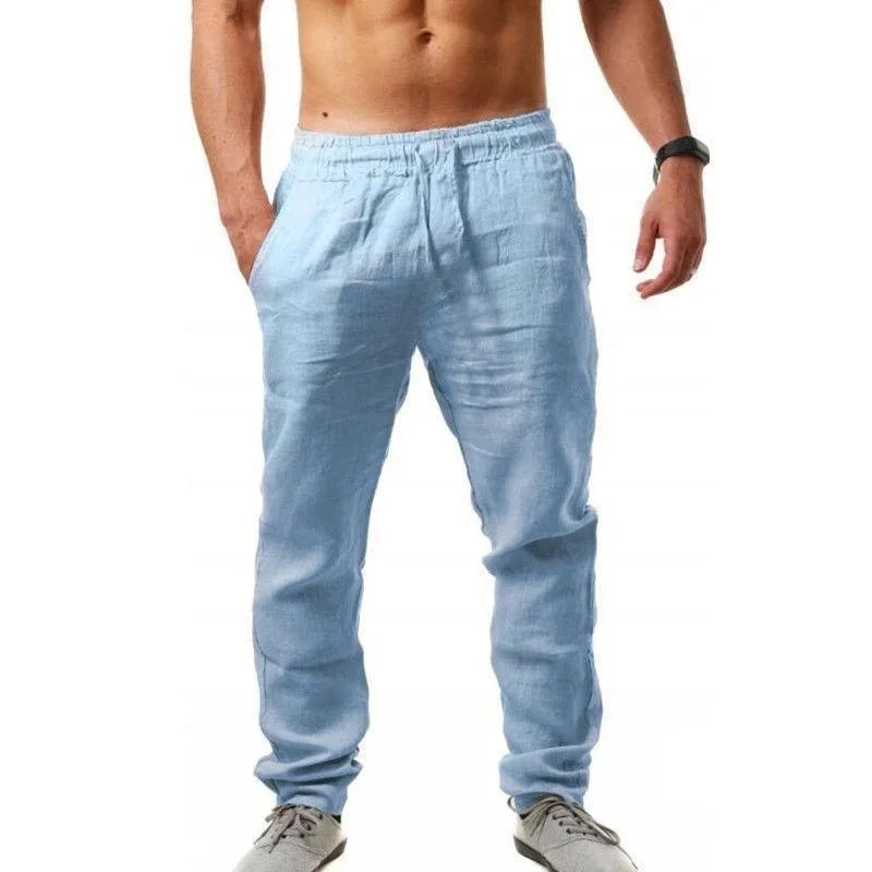 Pantalones largos de lino y algodón para hombre calzas transpirables de Color sólido informales con cintura elástica estilo