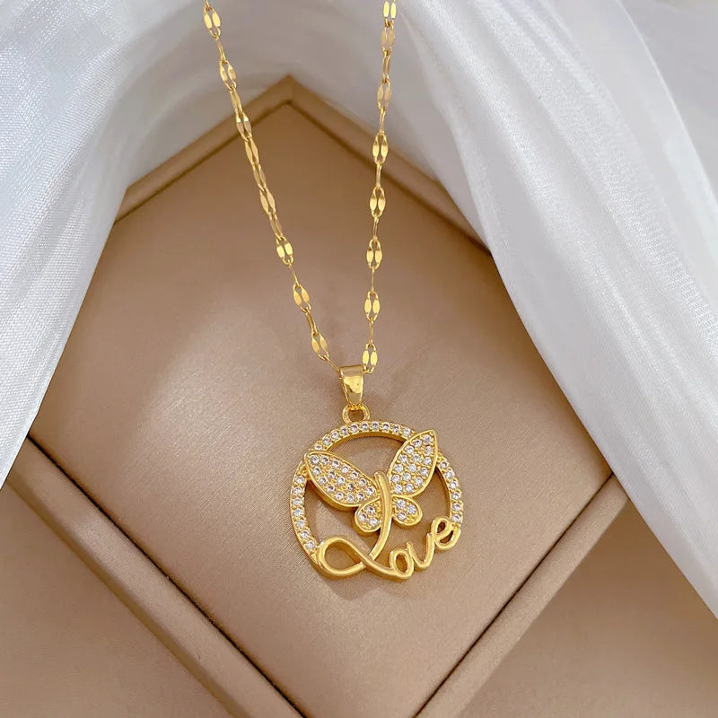 DIEYURO 316L Stainless Steel Butterfly Love Letter Pendant Necklace For Women Girl New Trend Clavicle Chain Jewelry Lady Gift