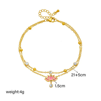 Not Fade Boho Titanium Stainless Steel Lotus Pendant Anklet Beach Vacation Yoga Inspired Stackable Jewelry for Women Party Gift