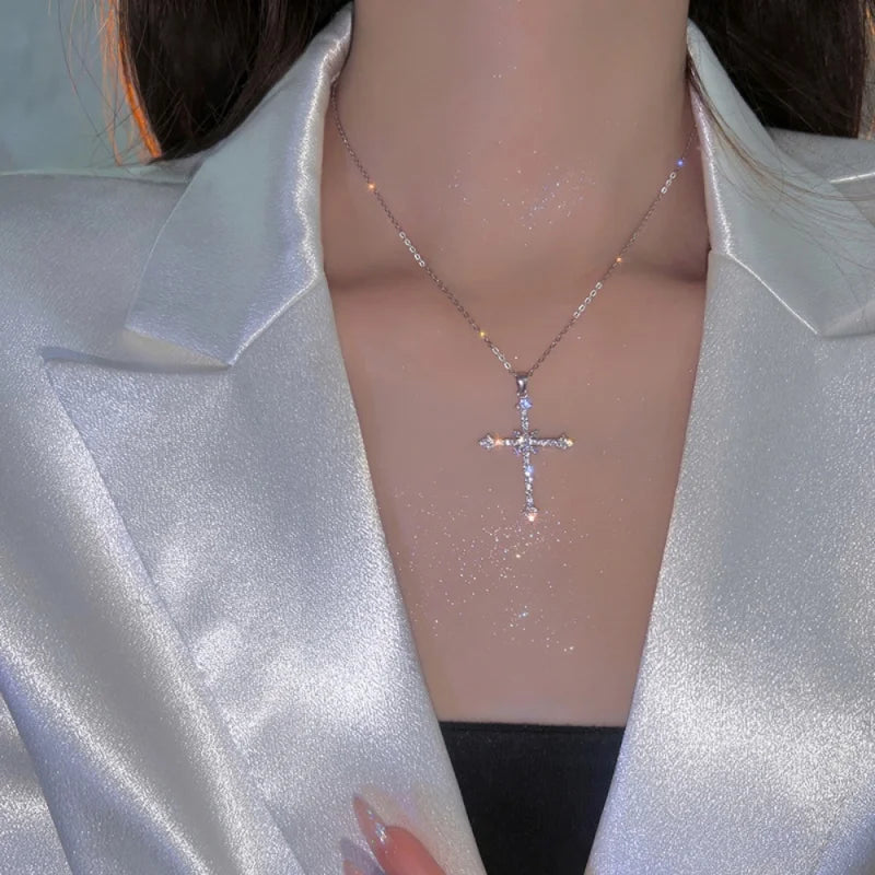 Fashion Pearl Cross Pendant Necklace Hip Hop Retro Women Religious Zircon Chain Necklaces Girls Punk Party Trendy Jewelry Gifts