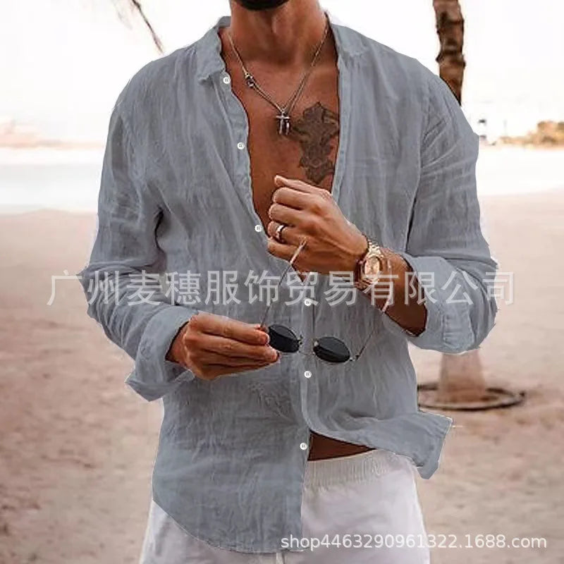 Cotton Linen New Men's Long Sleeve Shirt Solid Collar Casual Style