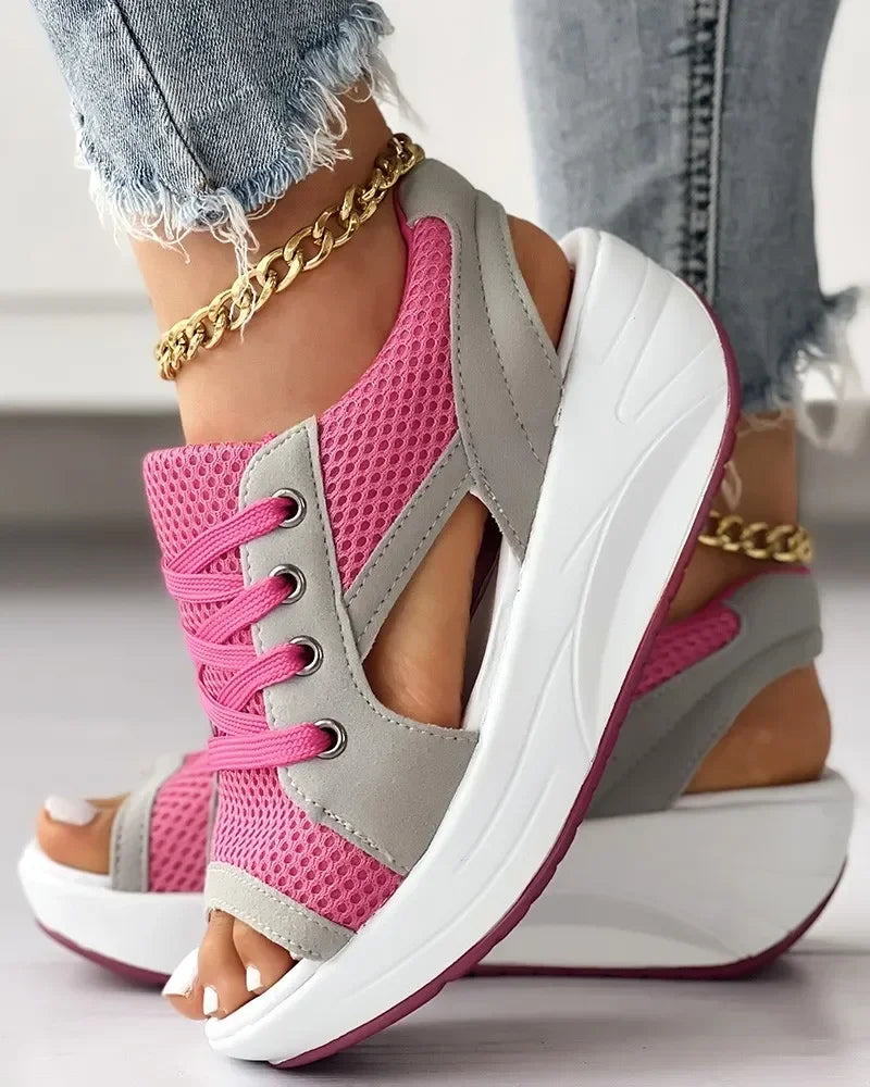 Summer Women Sandales  Shoes Casual Flat Peep Toe Contrast Paneled Cutout Lace-up Muffin Sandals Platform Sport Sneakers