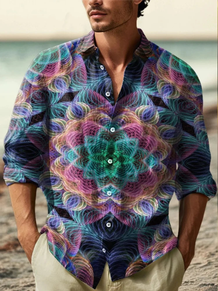 2025 Men's New Linen 3D Printed Long Sleeve Shirt Fashion Design Luxury Long Sleeve Shirt Four Seasons Lapel Button Shirt