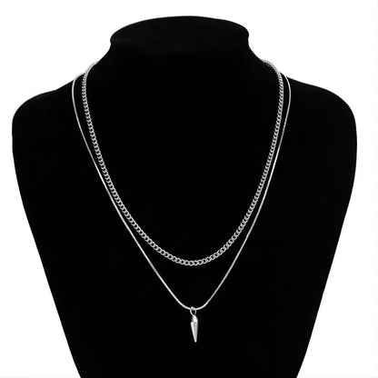 Hip-hop Fashion Double Layer Fold Wear Rivets Pendant Necklace Stainless Steel Clavicle Chain for Men Jewelry Accessories Gifts