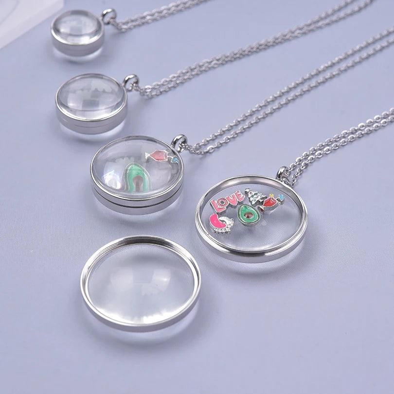 New Mix Size Round Living Memory Photo Locket Pendant Necklace Biconvex Glass Twist Stainless Steel Necklaces For Women Men Gift
