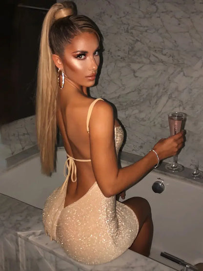 Bling Glitter Sequin Women Strap Mini Dress Ruched Lace Up Backless Bodycon Sexy Party Club Elegant Prom Y2K Clothes