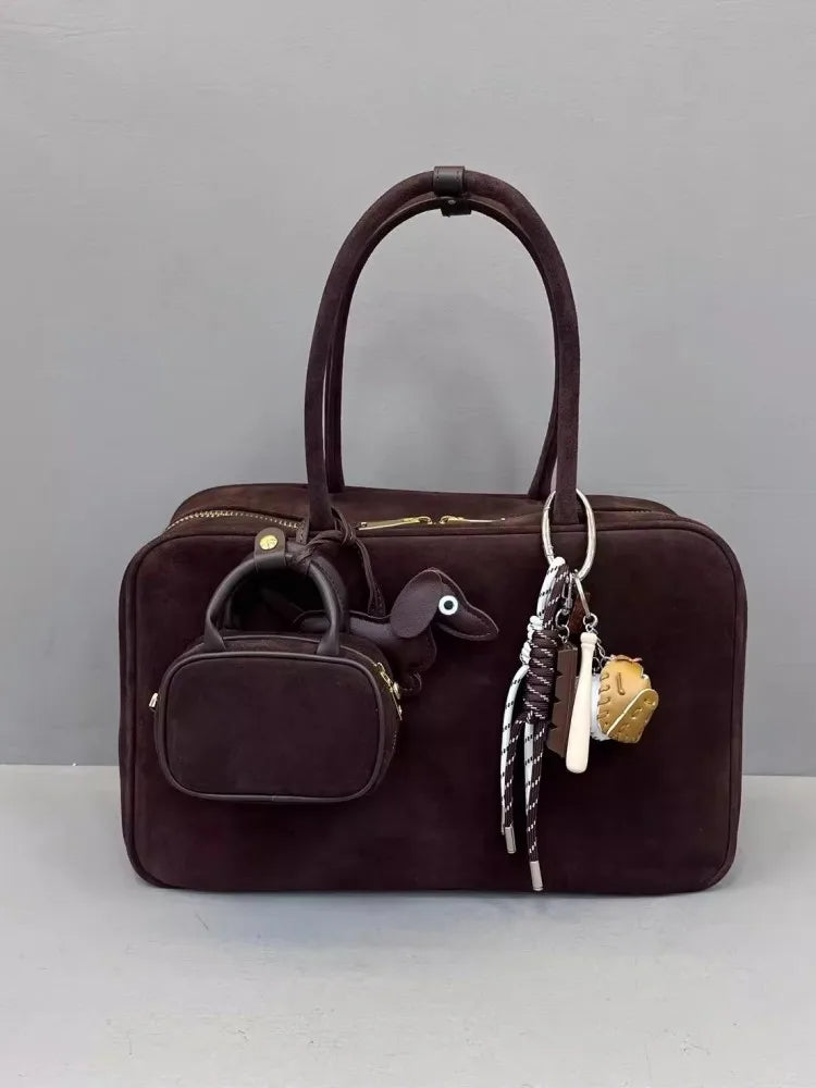 Autumn Winter Retro Suede Cowskin Tote Handbag Women Large Capacity Genuine Leather Armpit Bags Office Lady Single Shoulder Bag