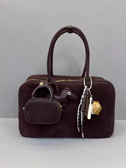 Autumn Winter Retro Suede Cowskin Tote Handbag Women Large Capacity Genuine Leather Armpit Bags Office Lady Single Shoulder Bag