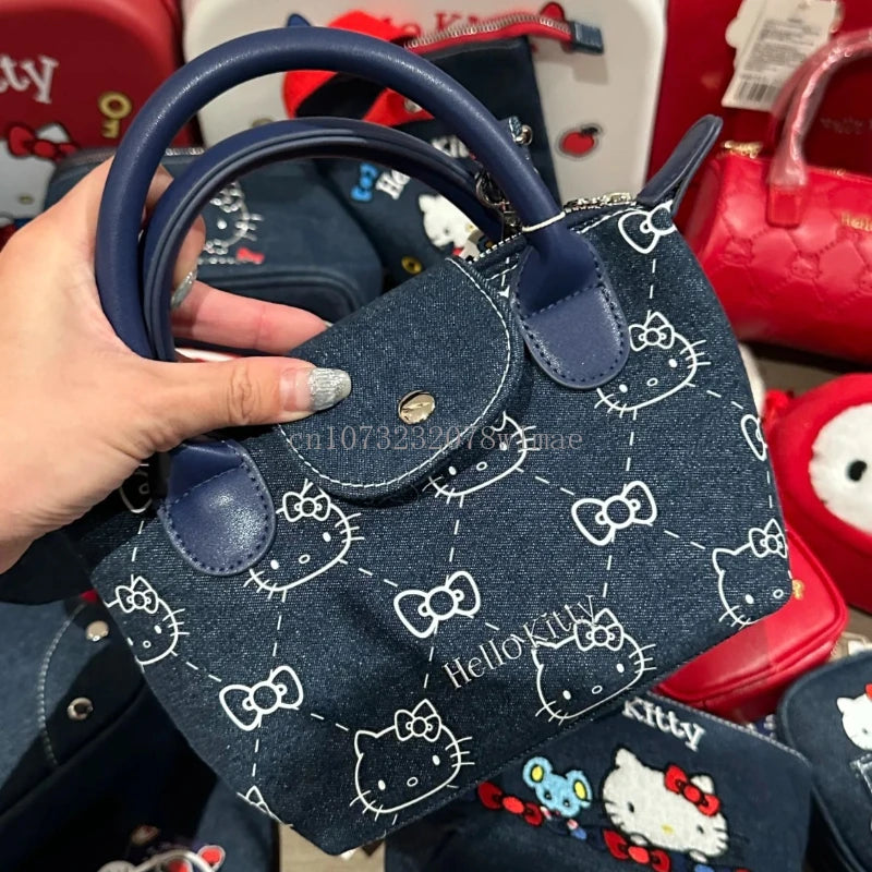 Hello Kitty Shoulder Crossbody Bag Cartoon Casual Cute Embroidery Zipper Denim Dumpling Bag Women Girls Gifts Y2k Messenger Bags
