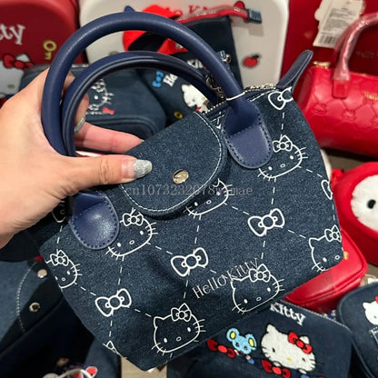 Hello Kitty Shoulder Crossbody Bag Cartoon Casual Cute Embroidery Zipper Denim Dumpling Bag Women Girls Gifts Y2k Messenger Bags