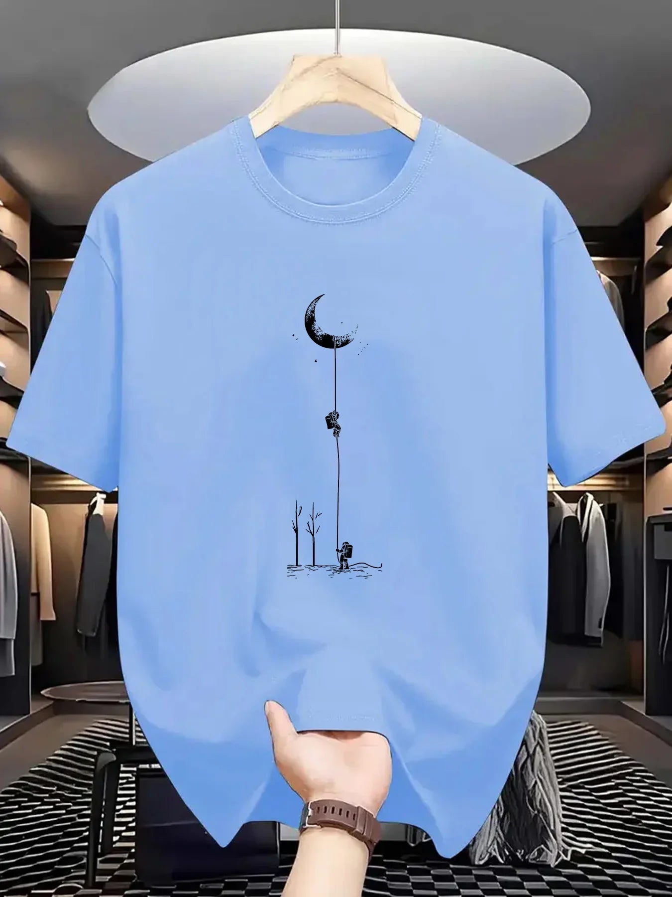 Summer Men's Casual Loose Accessories Plus Size Moon Landing Pattern Printed Round Neck Short Sleeve T-Shirt Top