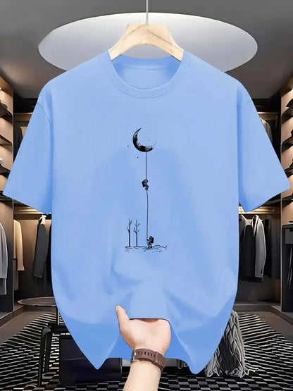 Summer Men's Casual Loose Accessories Plus Size Moon Landing Pattern Printed Round Neck Short Sleeve T-Shirt Top