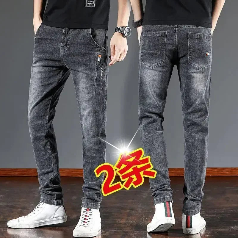 Fashion Men's Jeans Fashion Casual Slim Autumn Winter Fleece Kpop Denim Pants Plus Velvet Korean Luxury Clothing Classic Jeans