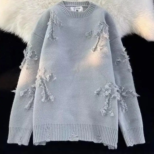 2023 New Autumn and Winter American Style Niche Design Sense Round Neck Tassel Hole Loose Casual Oversized Men's Knitted Sweater