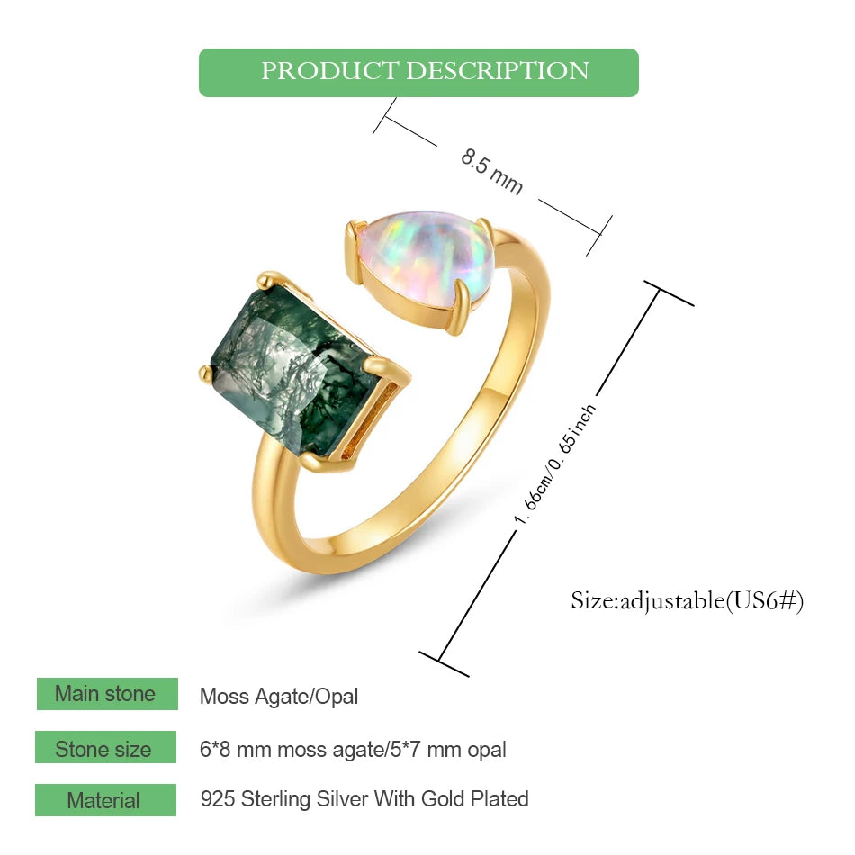 WES 925 Sterling Silver Geometric Natural Moss Agate Adjustable Rings for Women Gemstone Opal Gold Plated Certified Jewelry Band