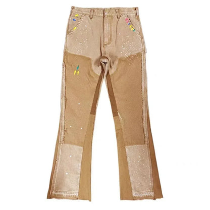 European and American high street men's washed jeans retro personalized straight-leg splicing flared pants trendy denim trousers