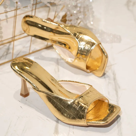 New Style Fine Heeled Slippers Women Fashion Square Head Bright Leather Set Foot Anti-slip Wear-resistant High-heeled Sandals