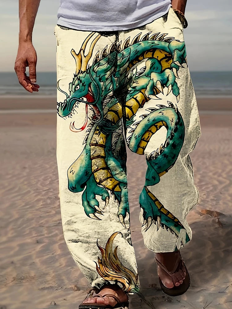 Spring Summer Men's Cool Touch Trousers Dragon Print Stretch Large Size Breathable Trousers Hawaii Beach Drawstring Trousers