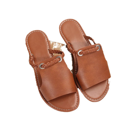 Women's Peep Toe Flat Slides, Casual Faux Leather Slip On Shoes, Lightweight Beach Slide Sandals
