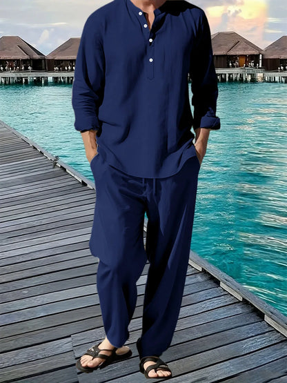 Men's Shirt Pants Suit Summer Breathable Beach Hawaiian Vacation Casual Long Sleeves Set Solid Color Loose Jogging Trousers