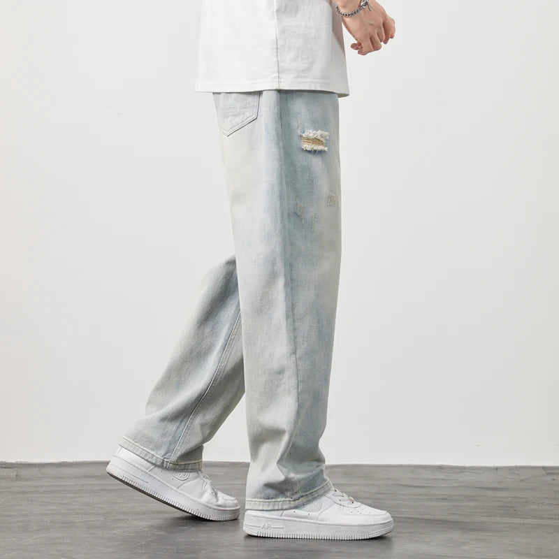 Korea Baggy torn holey ripped Jeans Men Vintage  Y2k Pants Fashion Frayed High Street Distressed Denim Trousers loose thin Male