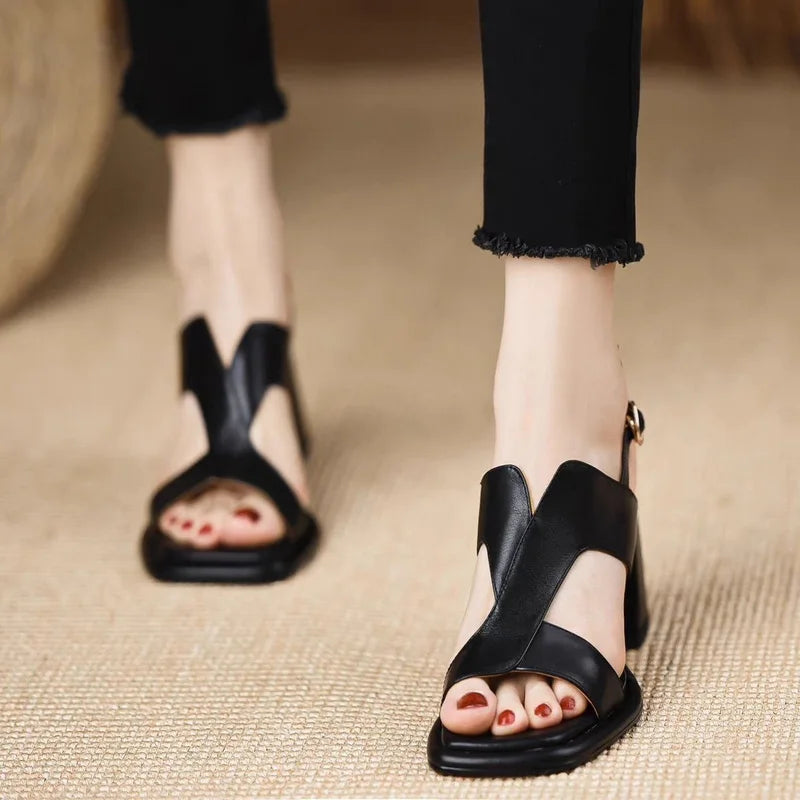 FHC 2024 New Women High Heels Sandals,Soft Summer Gladiator Shoes,Open Toe,Retro Style,Slip On,Black,Brown,35-39.Dropship