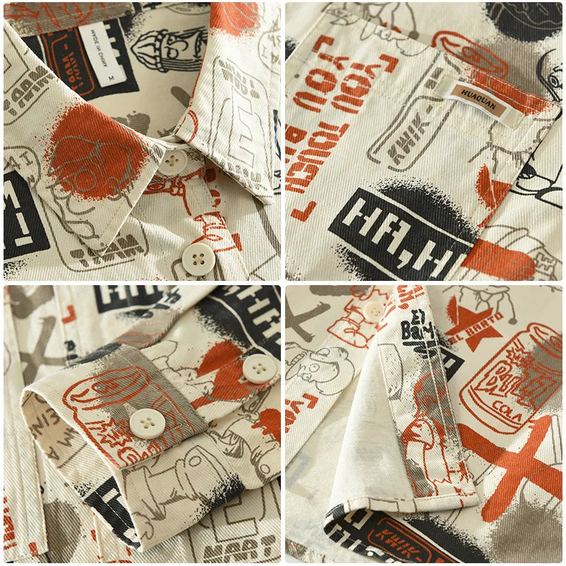 6781 100% Cotton Creative Graffiti Print Shirts Men's Spring Fall Fashion Loose Casual Blouses Youth Teen Streetwear Trendy Tops