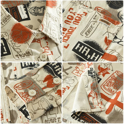 6781 100% Cotton Creative Graffiti Print Shirts Men's Spring Fall Fashion Loose Casual Blouses Youth Teen Streetwear Trendy Tops