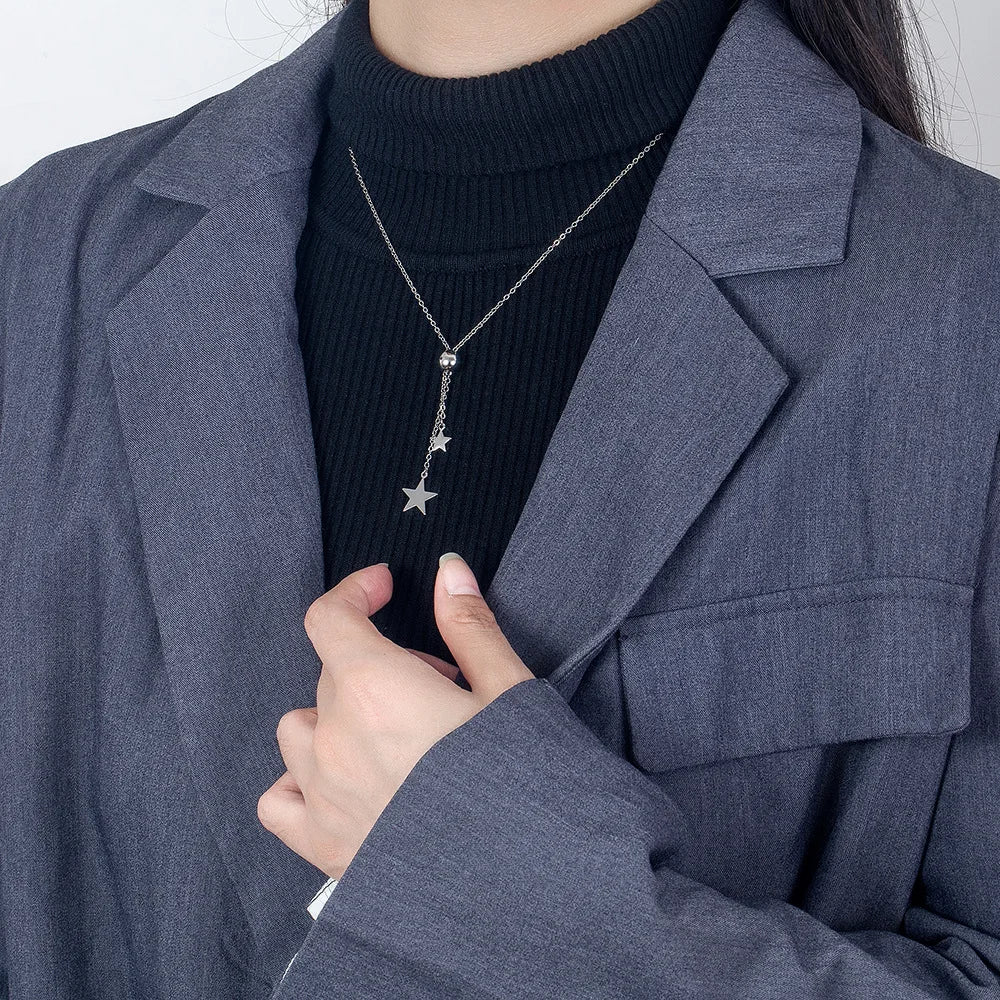 Real 925 Sterling Silver Star Pendant Necklace Crystal Long Chain Drop Earrings Jewelry Sets For Women Trendy FQL23064