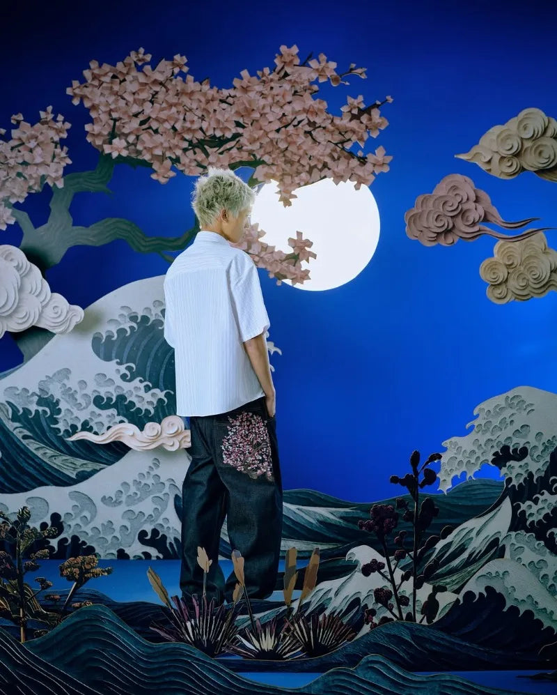 Y2K jeans Harajuku Gothic vintage plum blossom embroidery pattern wide leg pants Streetwear Casual Hiphop vintage American jeans