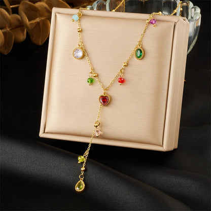 DIEYURO 316L Stainless Steel Color Zircon Heart Round Water Drop Tassel Pendant Necklace Women New Fashion Neck Chain Jewelry