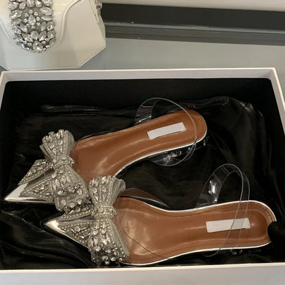 Liyke Summer Fashion Crystal Sequined Bowknot Women Pumps Sexy Pointed Toe Clear Low Heels Mules Sandals PVC Transparent Shoes