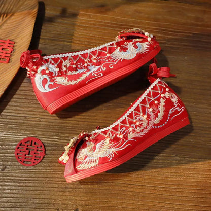 Woman's New Retro Red Wedding Shoes Chinese Style Tassel Embroidered Canvas Shoes Shallow Lace Up Big Size Hanfu Shoes