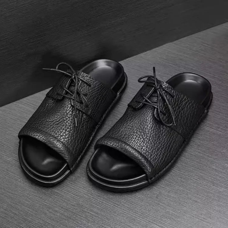 Summer Fashion Mens Lace Up Open Toe Cowhide Genuine Leather Slippers Casual Outside Beach Shoes Rome Flats Soft Platform Slides