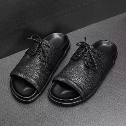 Summer Fashion Mens Lace Up Open Toe Cowhide Genuine Leather Slippers Casual Outside Beach Shoes Rome Flats Soft Platform Slides