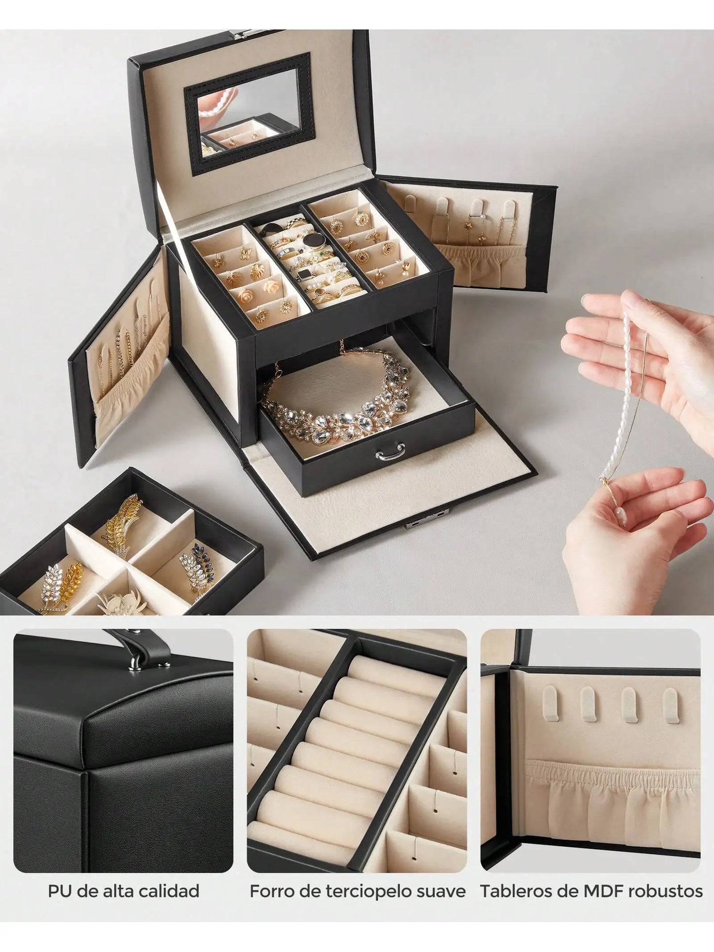 SONGMICS 3-TierJewellery Box,Lockable Organiser with Handle,2 Drawers,Travel Case with Mirror,Jewellery StorageModern Style Gift