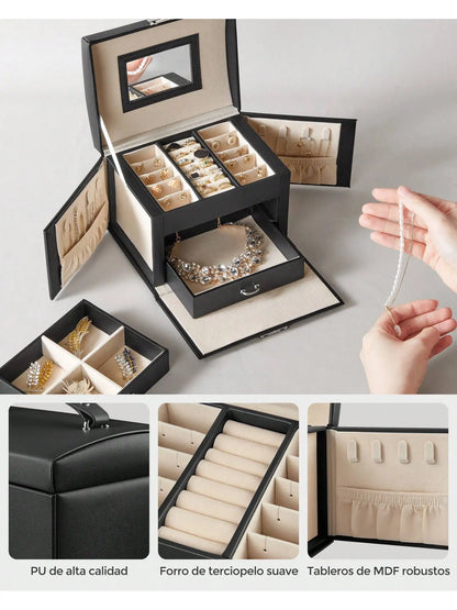 SONGMICS 3-TierJewellery Box,Lockable Organiser with Handle,2 Drawers,Travel Case with Mirror,Jewellery StorageModern Style Gift