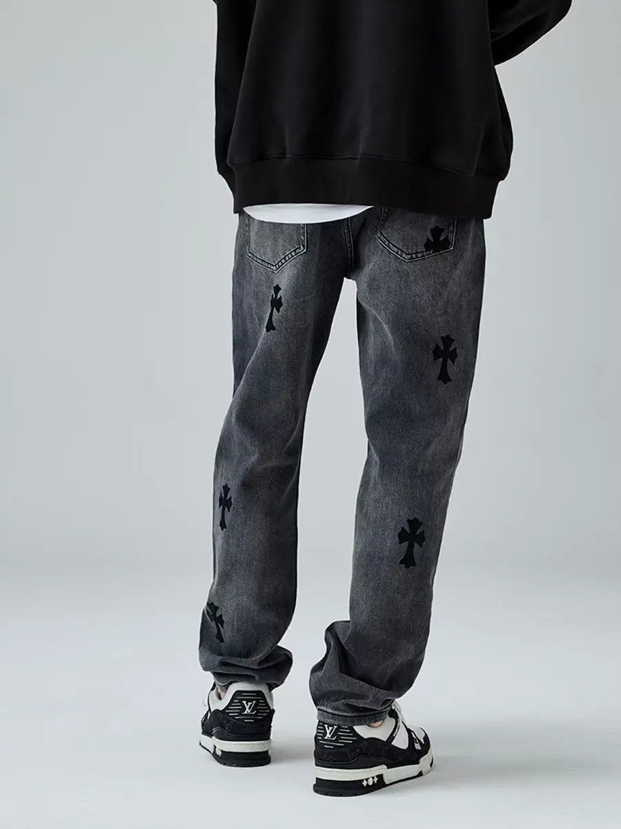 European and American high street cross horn jeans men's hip-hop casual retro trend brand straight tube loose long pants trend