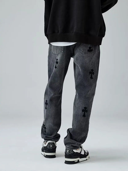 European and American high street cross horn jeans men's hip-hop casual retro trend brand straight tube loose long pants trend